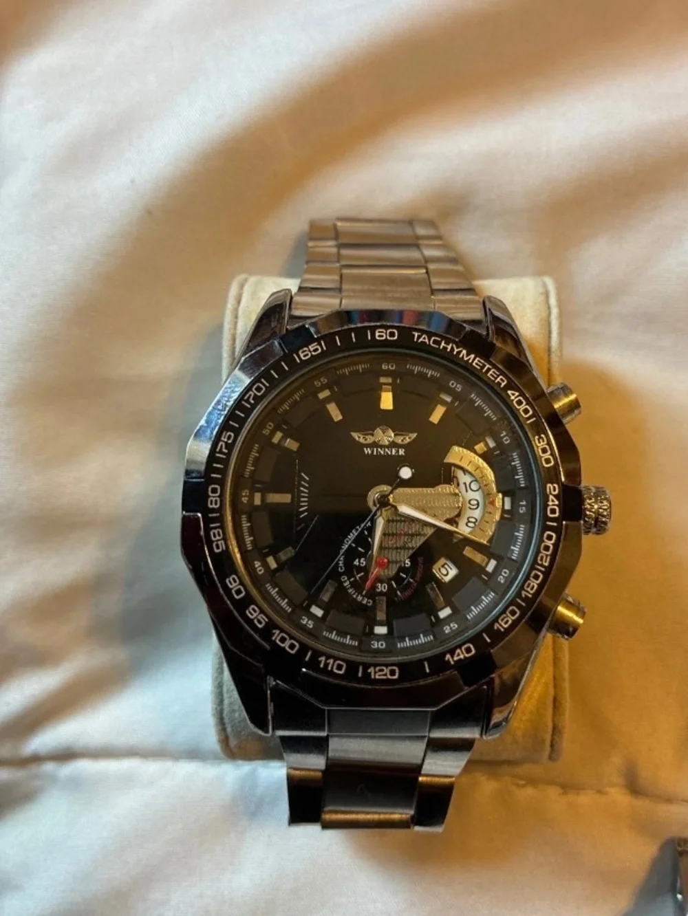 Winner Stainless Steel Tachymeter Chronograph Watch - Black Dial